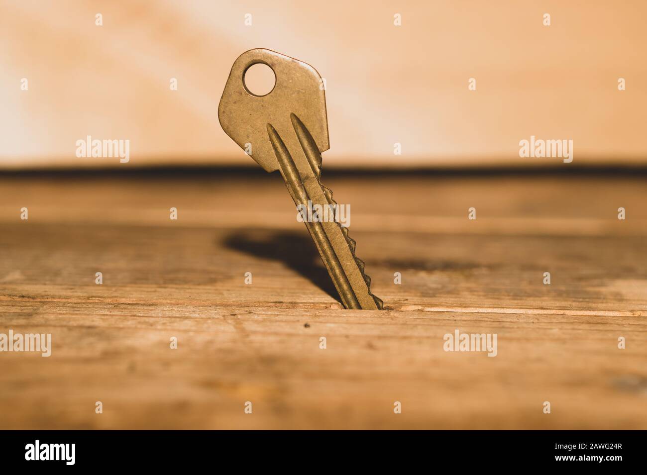 Key stuck in the table. key on wooden background. safety and security
