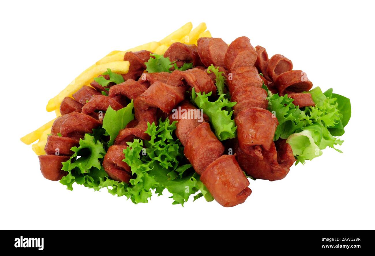 Spiral hot dog sausages and potato French fries isolated on a white background Stock Photo