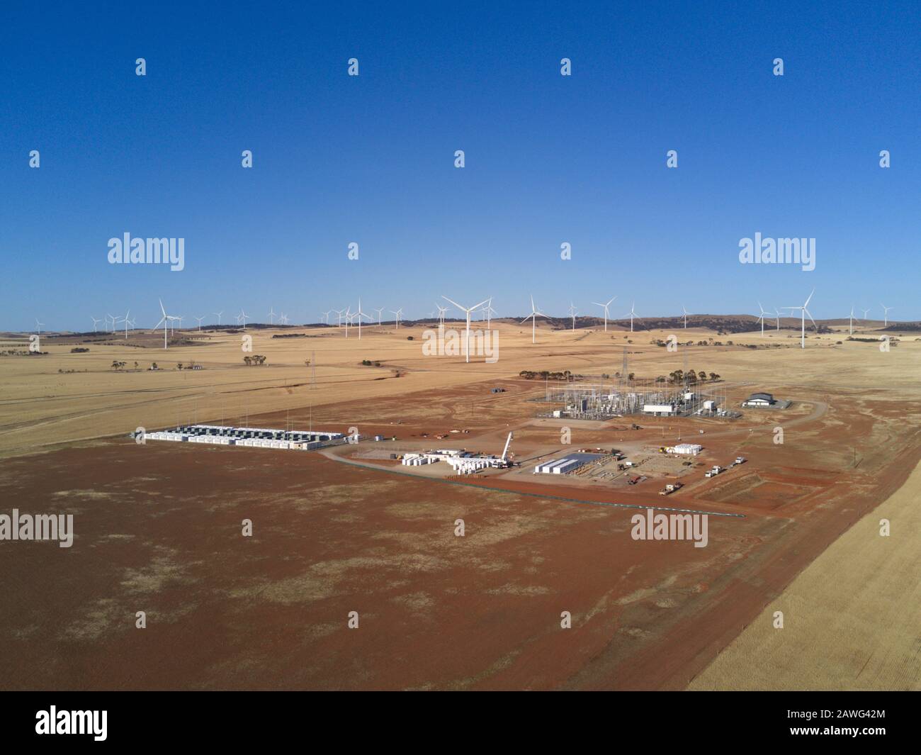 Aerial of the Hornsdale substation that utilises Elon Musks lithium ion storage battery in South Australia Stock Photo