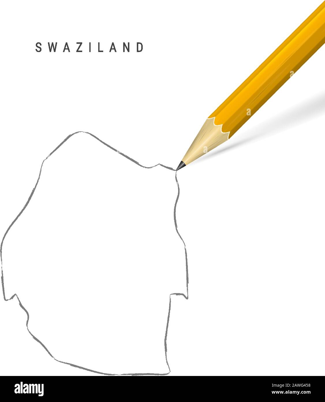 Swaziland freehand pencil sketch outline map isolated on white background. Empty hand drawn vector map of Eswatini. Realistic 3D pencil with soft shad Stock Vector