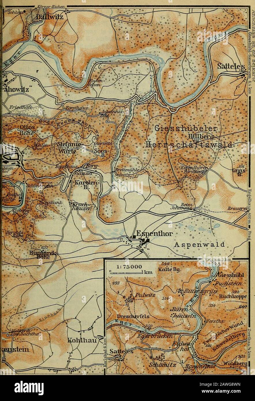 Austria-Hungary : with excursions to Cetinje, Belgrade, and Bucharest : handbook for travellers . ^&gt;,Kt^-^rr =aE:agLMfl.e Wagner ?e-DebesIeipzig Pirkenhammer. CARLSBAD. 47. Route. 327 Of the many beautiful Walks (all of them marked) the mostpopular (level all the way to Pirkenhammer; 1 hr.) is through theGoethe-Weg (PL C, 5, 6; embellished with a marble bust of Goetheby Donndorf) to the (8 min.) * Cafe Sanssouci (PL D, 6). A little far-ther on, leaving the Karls-Briiclce on the left, we enter the PosthofPromenade and follow it to the (10 min.) * Cafe Posthof (PL E, 7),with its pleasant gard Stock Photo