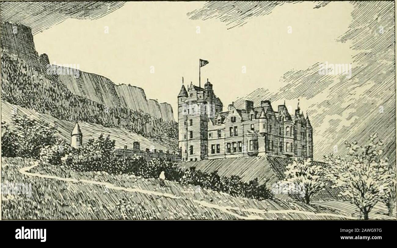 A guide to Belfast and the counties of Down & Antrim . and which an old writerin 1635 describes as a stately palace which is indeed theglory and beauty of the town. This, the last of the fortified lO Guide to Belfast. castles erected to hold and control the pass of the ford,was burned down, in 1708, through the carelessness of aservant, by which accident three daughters of Arthur, thirdEarl of Donegall, were burnt to death. The castle stoodin the middle of an extensive garden, between what is nowDonegall Place and Corn Market : many names in thevicinity, as Castle Street, Castle Place, etc., s Stock Photo