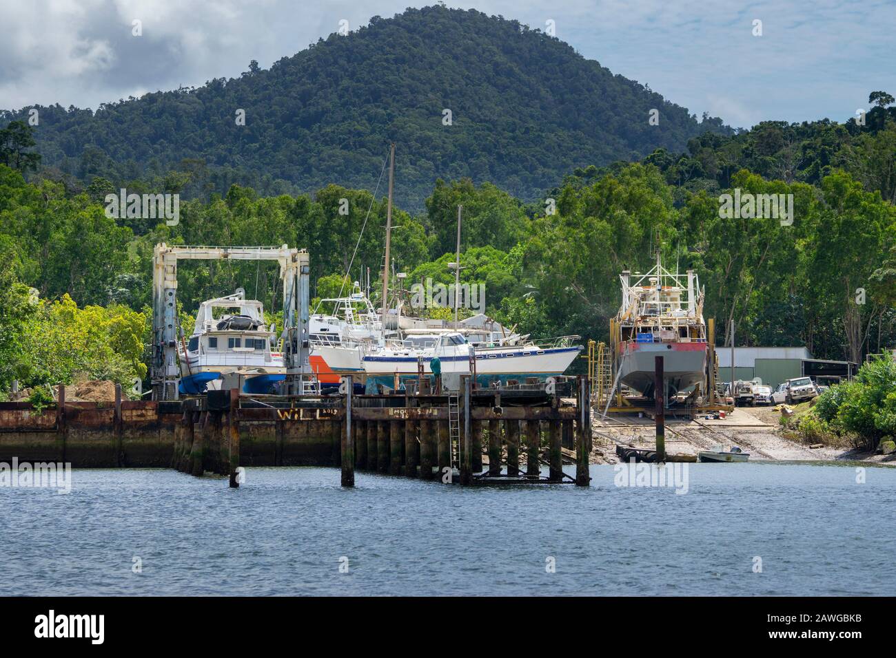 Small shipyard on banks of Johnstone River near Innisfail North Queensland, Australia Stock Photo
