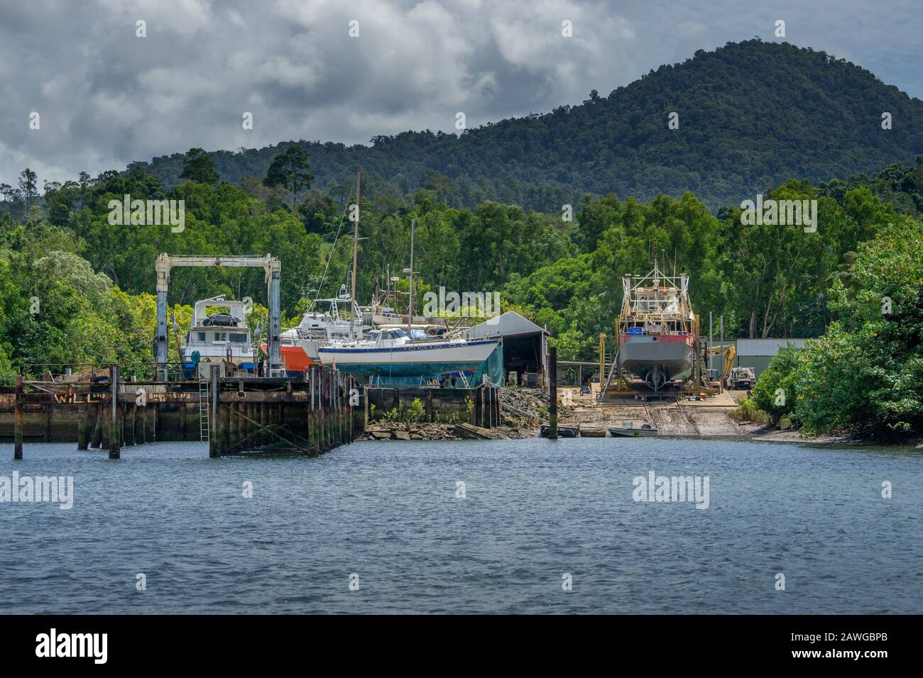 Small shipyard on banks of Johnstone River near Innisfail North Queensland, Australia Stock Photo