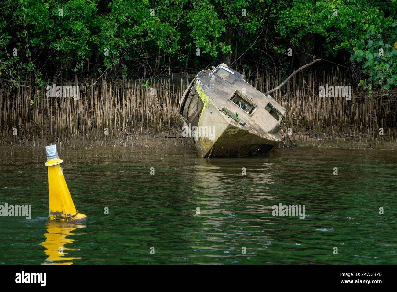 Sunken pleasure boat in estuary of Johnstone River near Innisfail