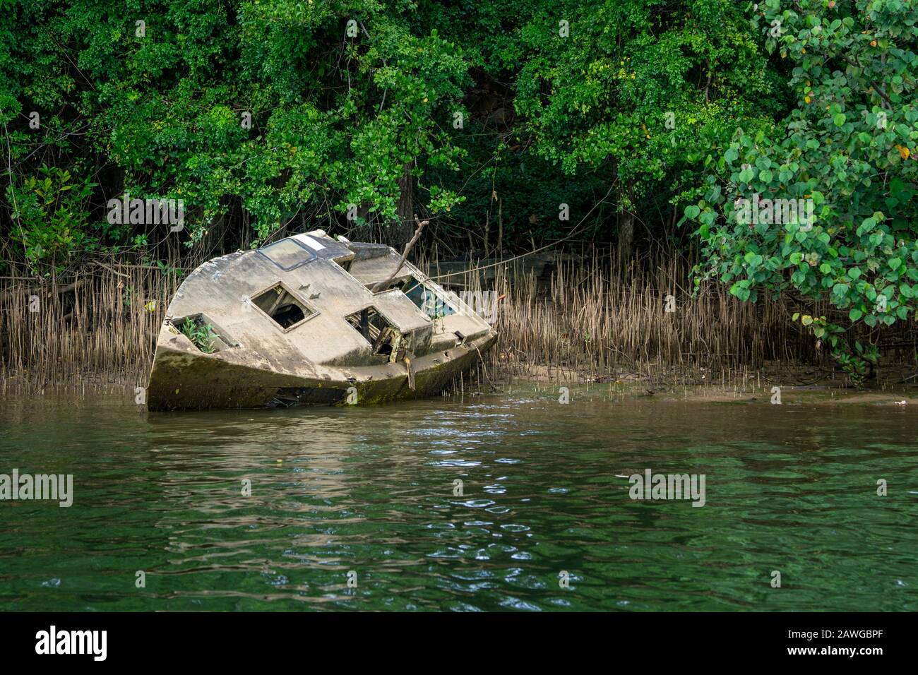 Sunken pleasure boat in estuary of Johnstone River near Innisfail