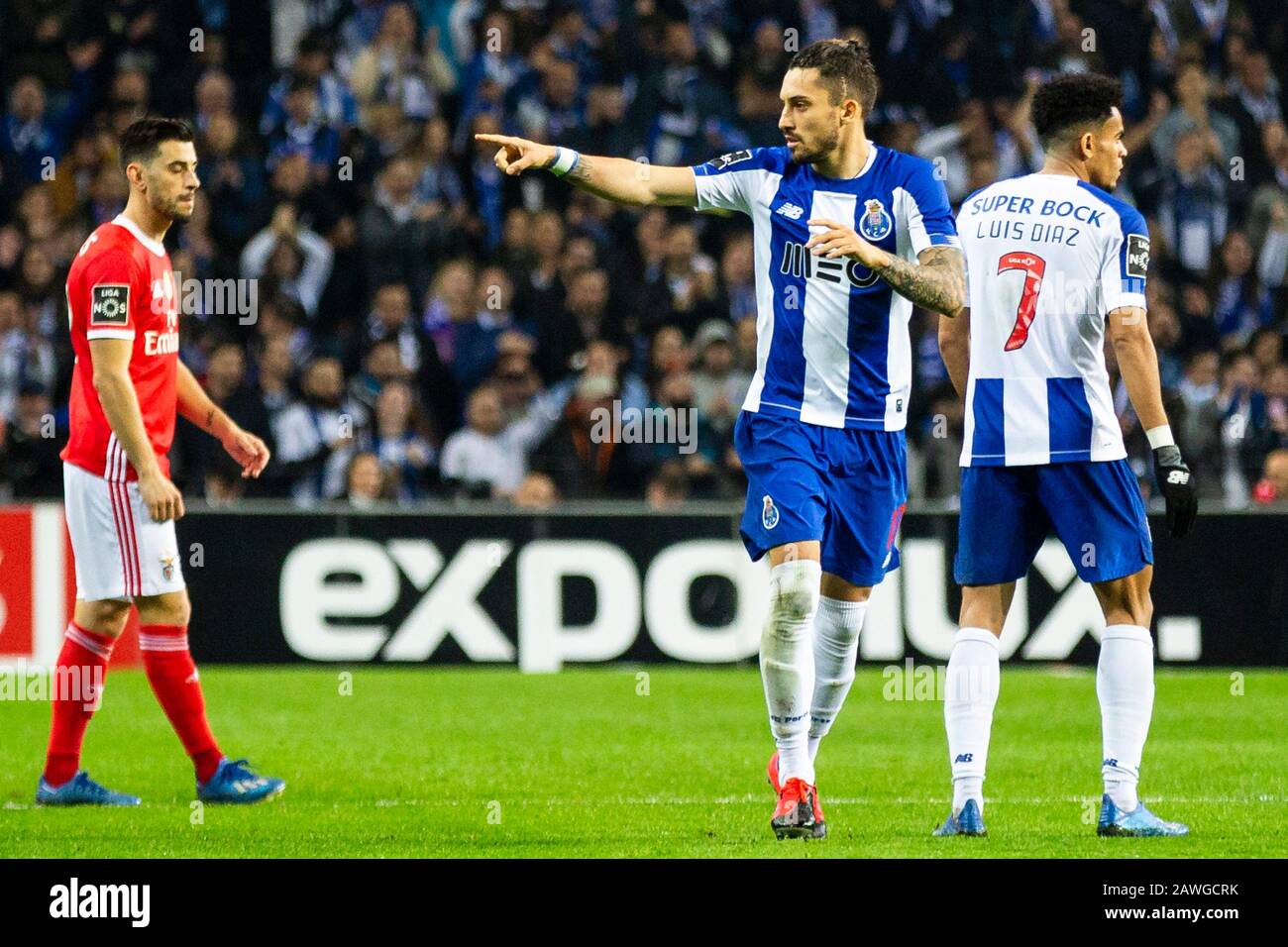 Porto, Portugal. 08th Feb, 2020. FC Porto's player Tecatito Corona  celebrates a goal during a football match for the Portuguese first league  between FC Porto and SL Benfica at Dragon Stadium in