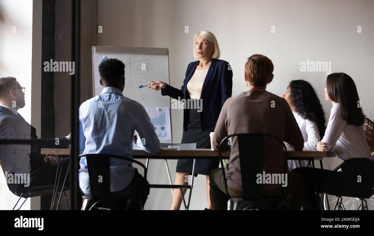 Aged trainer teaches diverse staff during corporate training at boardroom Stock Photo