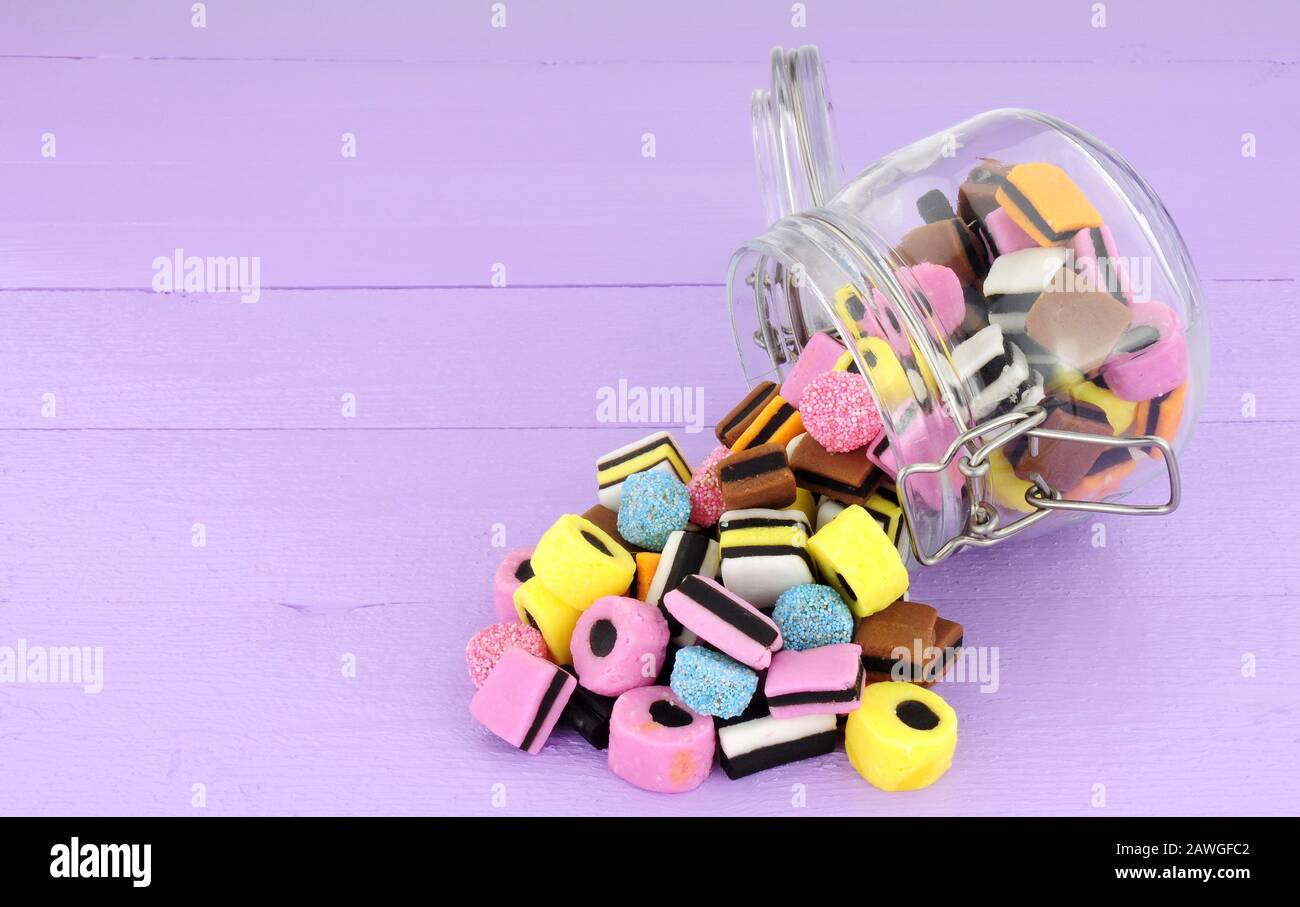 Jar filled with traditional liquorice allsorts candy sweets Stock Photo