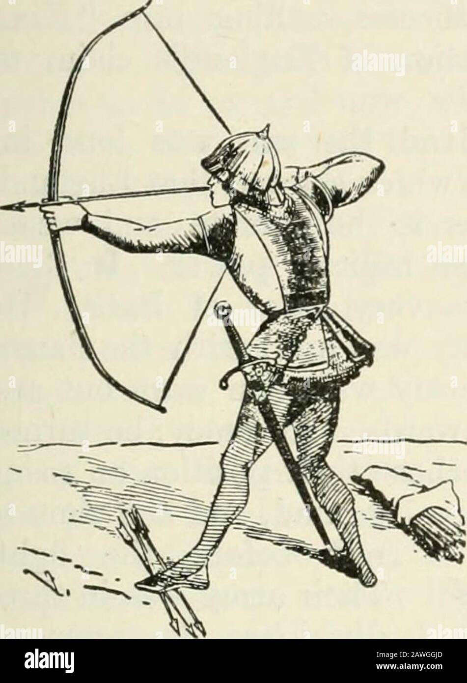 Ontario High School History of England . he long-bow.Edward I had made it the great national weapon and hispeople developed amazing strength and skill in its use. Thelong-bowmen shot a steel-pointed arrow which couldpenetrate thick planks of oak, and even plate armour; it ison record that an arrow pierced the mail shirt, the mailbreeches, the thigh^ and the wooden saddle of a rider, andsank deep into his horses flank. To kill a horse with sucha shaft was not difficult. The fire of the long-bow wasmore rapid than that of the musket of a later time; it wasdeadly at a range of two hundred yards o Stock Photo
