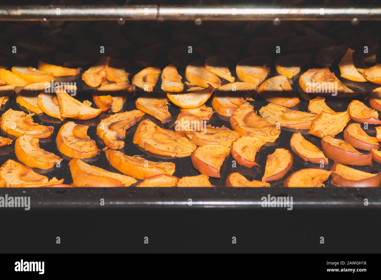 Dried apple slices in the oven. organic healthy food. vegetarian