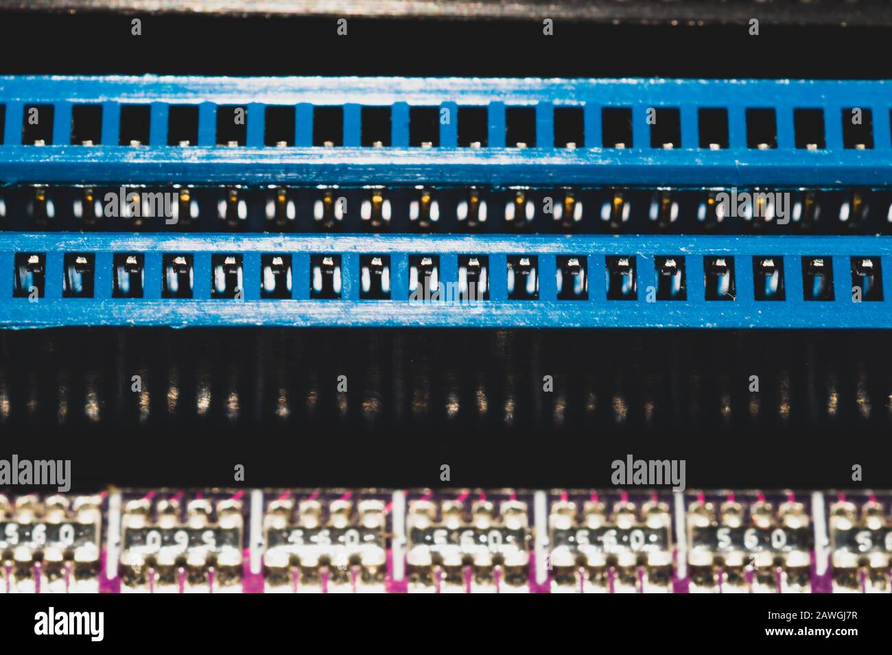 Memory slots on the motherboard close up. ram socket. connector on the circuit board of computer Stock Photo