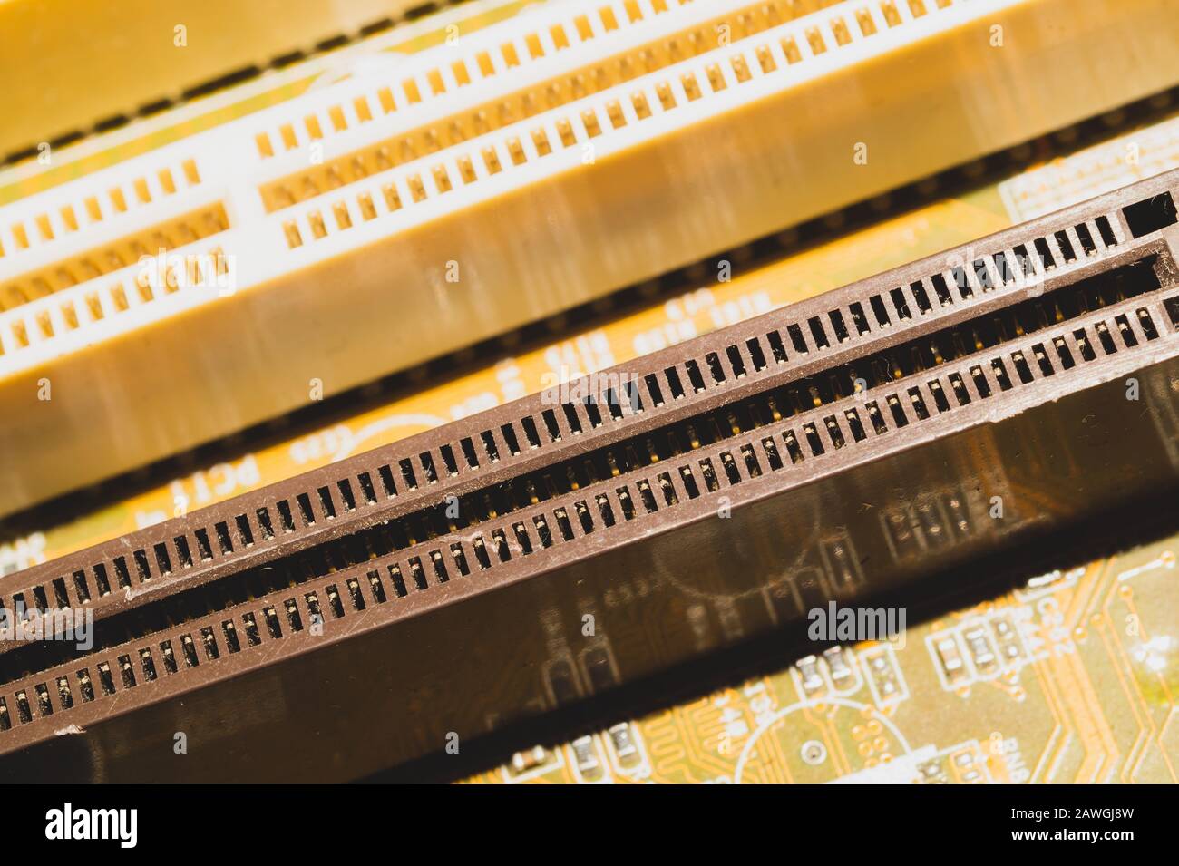 Memory slots on the motherboard close up. ram socket. connector on the circuit board of computer Stock Photo