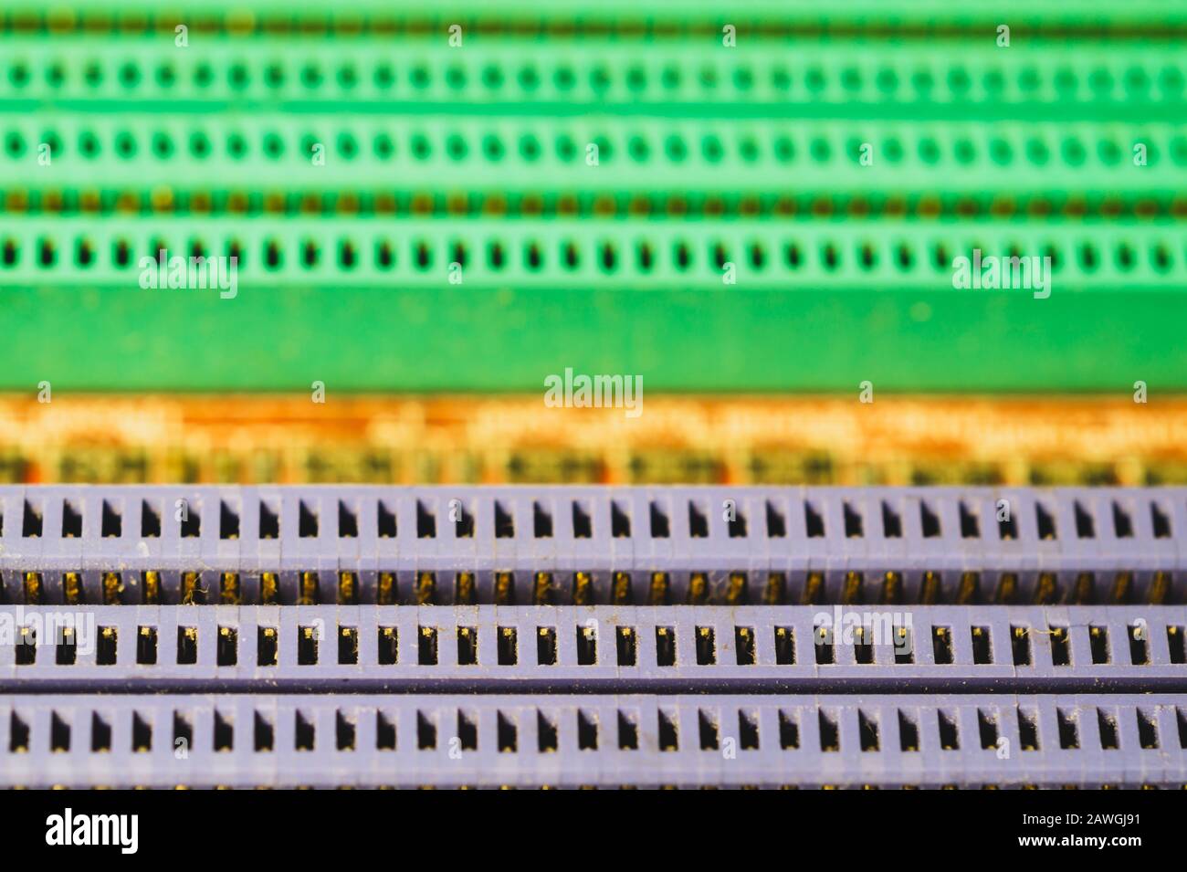 Memory slots on the motherboard close up. ram socket. connector on the circuit board of computer Stock Photo