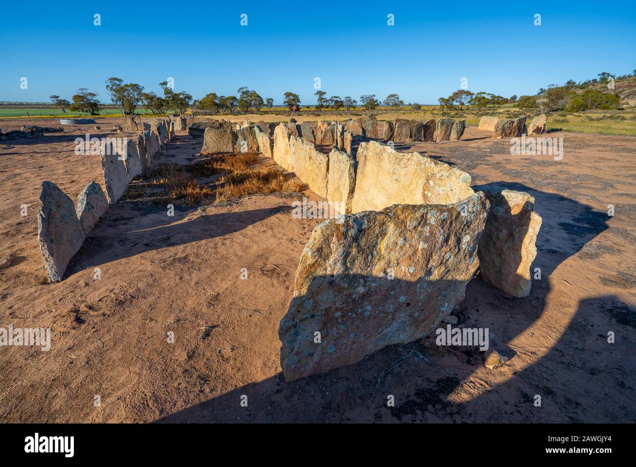 Historic Pergandes Sheep Yards in the 1920s using granite slabs. Western Australia Stock Photo