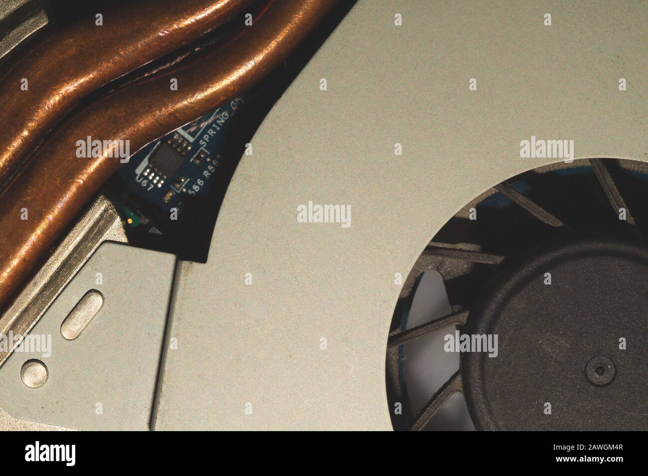 Cooling system of notebook close up. computer cooling fan with dust