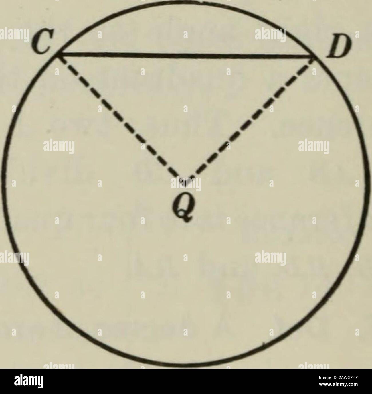 Plane and solid geometry . I. Given equal circles 0 and Q, with equal chords AB and CDTo prove AB = CD, Argument 1. Draw radii OA, OB, QC, QD, 2. In A OAB and QCD, AB = CD. 3. OA = QC and OB = QD. 4. .-. A OAB = A QCD. 5. .-. Z 0 = Z Q. 6. .-. AB = CD. Q.E.D. Reasons 1. § 54, 15. 2. By hyp. 3. § 279, b, 4. §116. 5. §110. 6. § 293, I. BOOK II 119 II. Conversely : Given equal circles 0 and Q, and equal arcs AB and CB, To prove chord AB = chord CD. Argument1. Draw radii OA, OB, QC, QD. 2.3.4.5.6. AB = CD. .-. Aboa = Z.dqc. OA = QC and OB = QD. .-. A OAB = A QCD, .-. chord AB = chord CD. Q.E.D. Re Stock Photo
