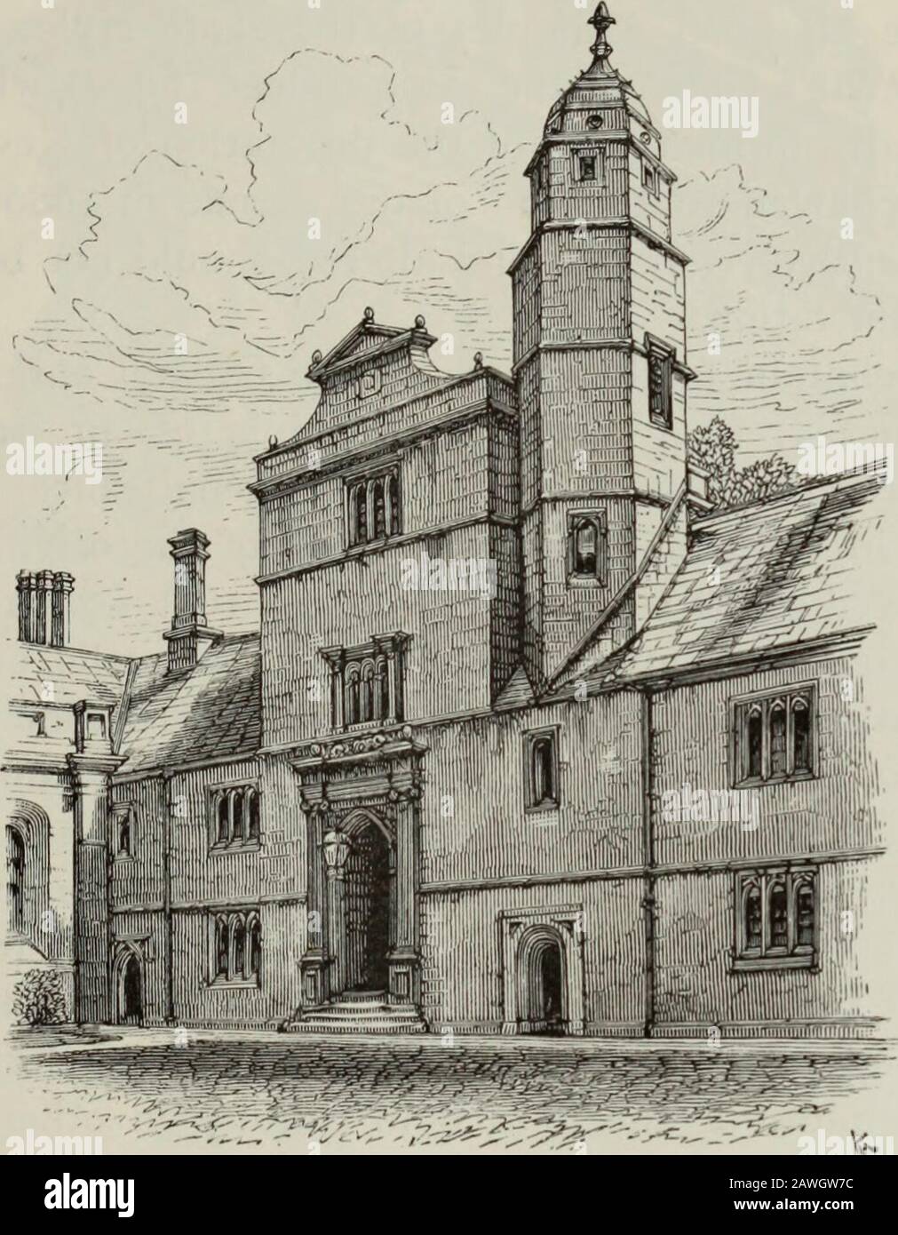 The architectural history of the University of Cambridge, and of the colleges of Cambridge and Eton . Fig. 2. East front of the Gate of Virtue at Gonville and Caius College, built 1567. by the flatness of the mullion and the square sinking on its face.On the west side, next to the court (fig. 3), the great arch isfour-centered, and the composition has in other ways a mixedcharacter, possibly given to it for the express purpose of makingit harmonise with the chapel. The Porta Honoris (i575)»erected from the especial device and instruction of Dr Caius,has also a four-centered arch, but in all ot Stock Photo