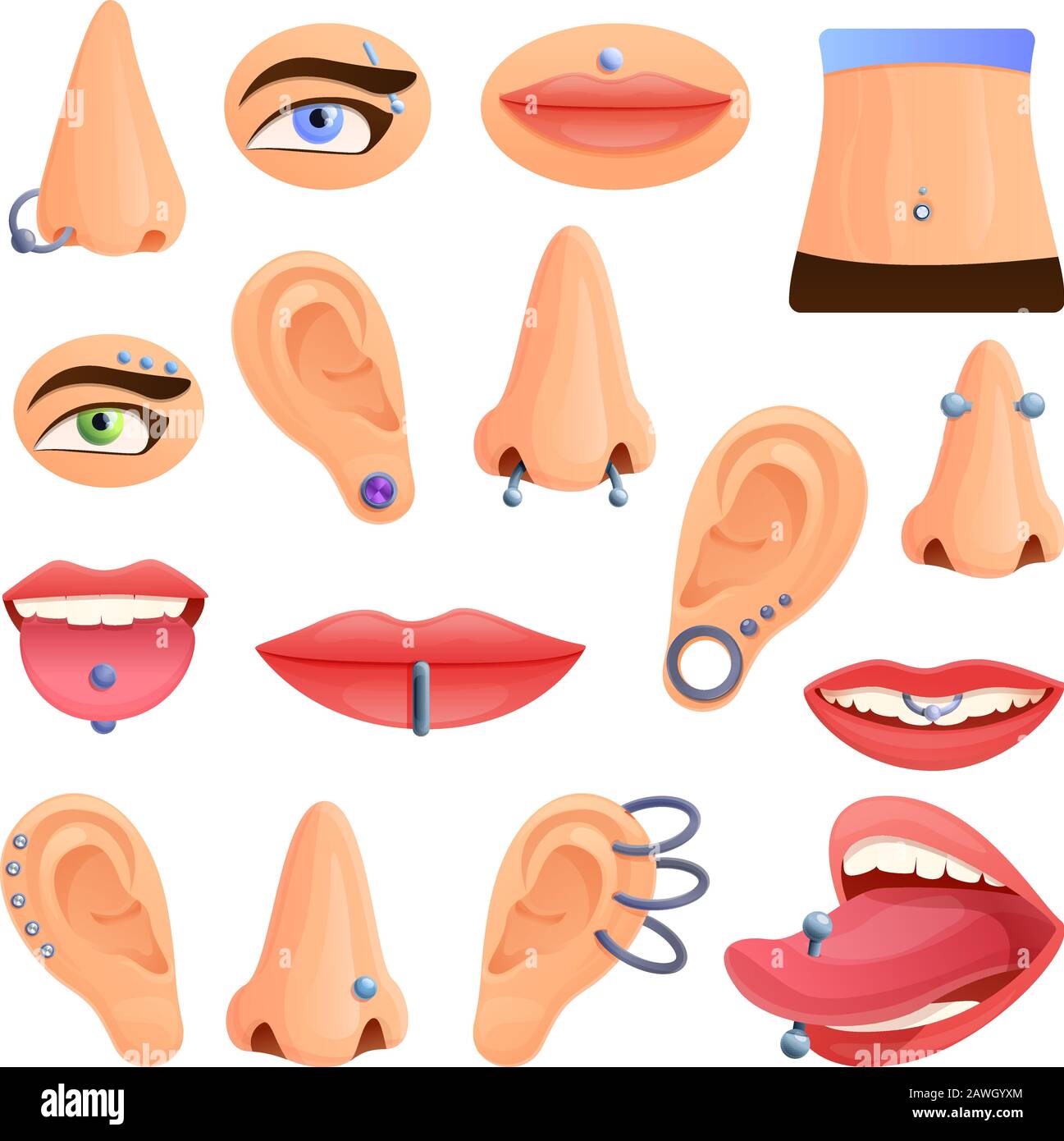 Piercing icons set. Cartoon set of piercing vector icons for web design ...