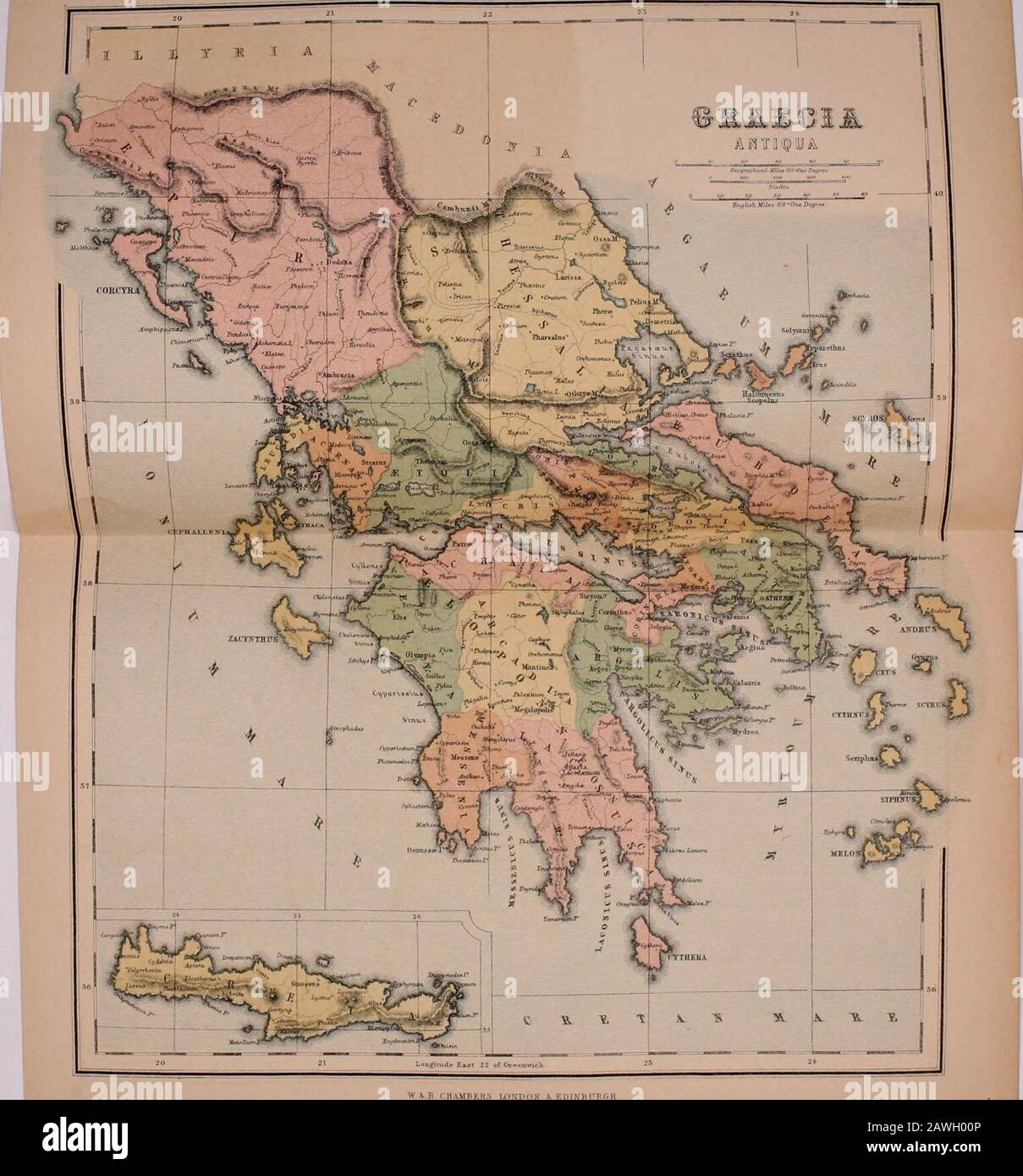 Chambers's encyclopædia; a dictionary of universal knowledge . s of Attica, is extended through Megarisinto the Morea or Peloponnesus by a lower ridge,which, passing across the isthmus of Corinth,stretches even to the west coast. Of this range, thetwo most conspicuous points are Mounts Cylleneand Erymanthus, from which two chains run southon the east and west of Arcadia respectively, andunder the names Taygetus (Pentedactylon) andParnon (Malevo), terminate in the promontoriesof Taenarus and Malea. Besides these, there aremany shorter chains and individual peaks, which itwould be tedious and ou Stock Photo