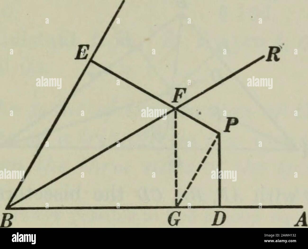 Plane and solid geometry . P and PBE^ PB=PB. 2. Z DBP = Z PBE, 3. .-. A DBP = APBE, 4. .*. PD = PE, Q.E.D. 253. Prop. XL may be stated as follows: Every point in the bisector of an angle is equidistant from thesides of the angle, Ex. 322. Find a point in one side of a triangle which is equidistantfrom the other two sides of the triangle. Ex. 323. Find a point equidistant from two given intersecting linesand also at a given distance from a fixed third line. Ex. 324. Find a point equidistant from two given intersecting linesand also equidistant from two given parallel lines. Ex. 325. Find a poin Stock Photo