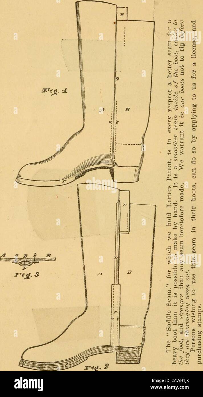 Facts worth knowing about leather, boots, and shoes . 3l?ri^: ::r.a»ifc: :iUi;::: :::jv f^. 12 :?v??i SADDLE SEAM BOOT.. Fig. IFig. 2Fig. 3 represents the outside of the Boot. inside a section of the Seam. ::??|?V::; ^ ii::: iiidiii:::: ^UE f mt off ^ Tj Y the use of Cheap Hides to commence with.Tj) Extracts and Chemicals in tanninii, MineralJ Oils in curry hi &lt;i- the Leather, and Shoddy in manufacturing- the Boots and Shoes, they are producedfrom 67 cts. to $1.00 a pair less than ours cost us. Wecannot compete in prices with such goods. ^, ^oot J|tt ^esiraMe. THE comfort of a Boot, and th Stock Photo