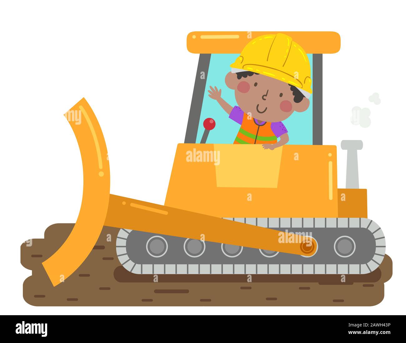 Illustration of an African American Kid Boy Wearing Yellow Hard Hat, Waving and Driving a Bulldozer Stock Photo
