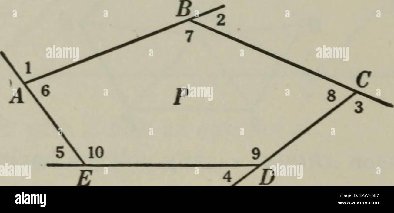 Plane and solid geometry . drawlines to the vertices. 2. There will be formed n A. 3. The sum of the A of each A thus formed = 2 rt. A. 4. .*. the sum of the A of the n A thus formed = 2 nrt. A, 5. The sum of all the A about 0 = 4 rt. A, 6. .. the sum of all the A of the polygon = 2 ?i rt. A- 4 rt. A, Q.E.D. Reasons 1. Straight line post I. § 54, 15. 2. Each side of the polygon will become the base ofa A. 3. The sum of the A of any A is 2 rt. A. § 204. 4. If equals are multiplied by equals, the productsare equal. § 54, 7 a. 5. The sum of all the A about a point = 4 rt. A. § 67. 6. The sum of a Stock Photo