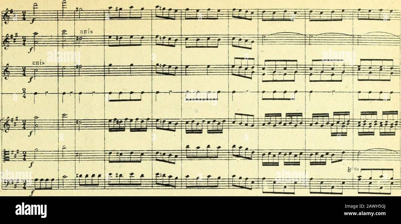 Nouveau traité d'instrumentation . ,ayant a traiter un sujet dopéra placé en pays musulman, emploient le flageolet enqualité delement de la musique turque, et lassocient constamment au triangle, aux cymbales *eta la grosse caisse,instruments caractéristiques de pareilles bandes. On sait que depuis Mozartlorchestre européen sest approprié ces bruyantes sonorités. 3 lautre pourlesol#3.(3) Vour ce dernier morceau la partition ne porte que lindication flauto. 8854.JL. FLAGEOLET 137 Ex.192. Flageoleten Sol ^ Pifferu &gt; Hautbois Cors en LaCymbales V et 2dsViolons Altos • BassonsVioloncelleset C. B Stock Photo