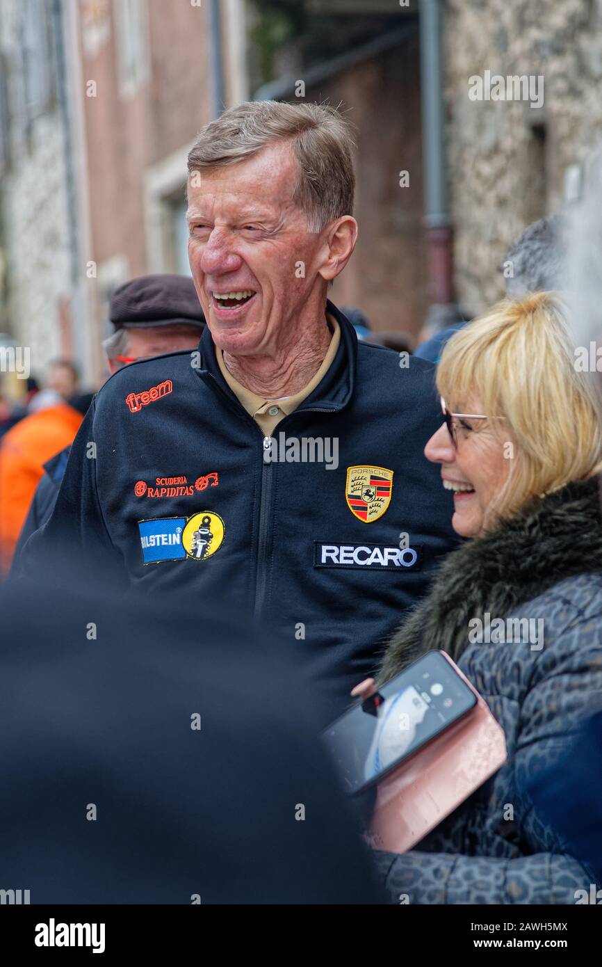 ANTRAIGUES, FRANCE, February 2, 2020 : Ancient world champion Walter Rohrl during Historic Monte-Carlo Rally. This 23rd edition hosts 310 teams from Stock Photo