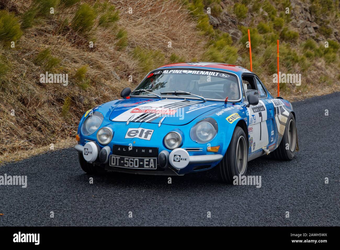 LACHAMP-RAPHAEL, FRANCE, February 2, 2020 : Historic Monte-Carlo Rally runs on the roads of South of France. This 23rd edition hosts 310 teams from Stock Photo