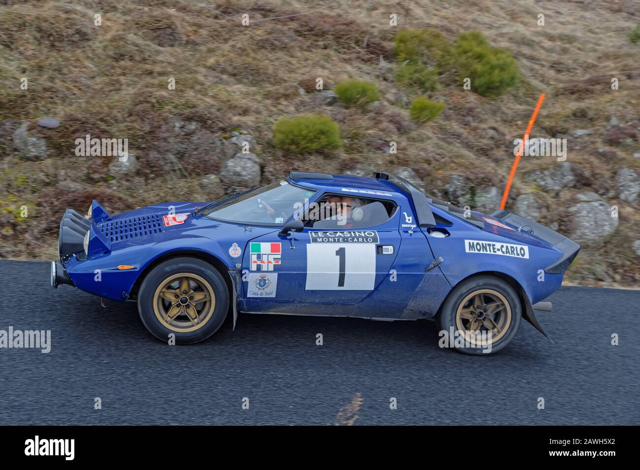 LACHAMP-RAPHAEL, FRANCE, February 2, 2020 : Historic Monte-Carlo Rally runs on the roads of South of France. This 23rd edition hosts 310 teams from Stock Photo