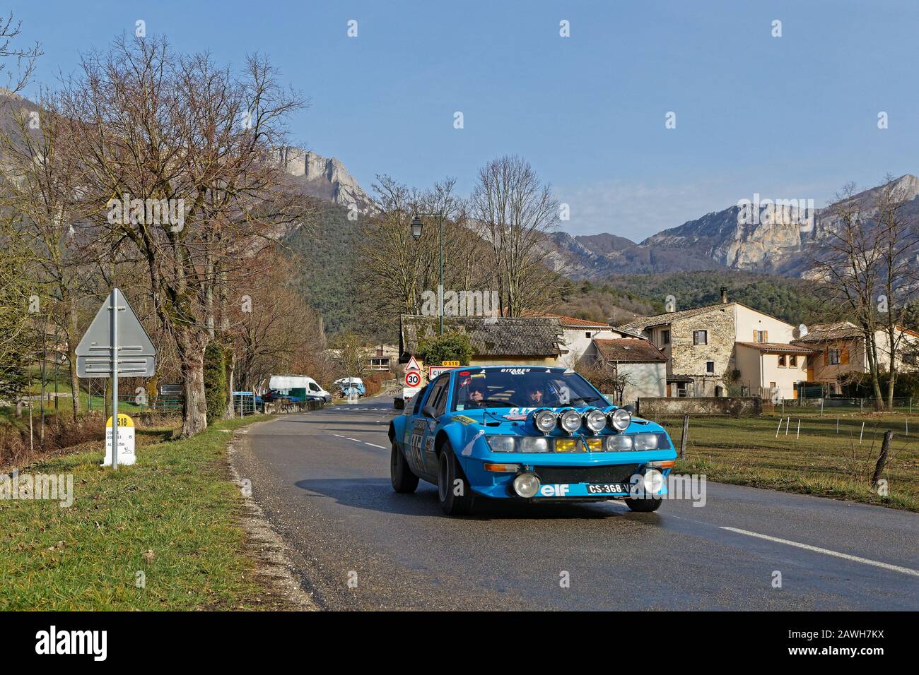 CHAMALOC, FRANCE, February 3, 2020 : Historic Monte-Carlo Rally runs on the roads of South of France. This 23rd edition hosts 310 teams from 28 coun Stock Photo