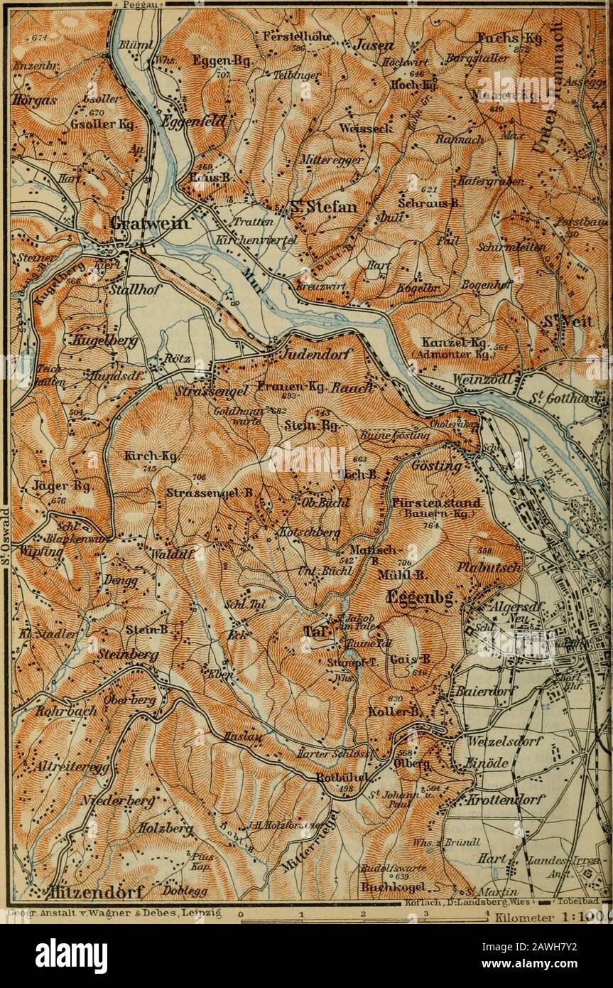 Austria-Hungary : with excursions to Cetinje, Belgrade, and Bucharest : handbook for travellers . Direct ascent from the (2 hrs.)Andritz-TJrsprung (see above) via Buch and the Gdstinger Alphiitte(rfmts.) in 2i/2 hrs. Tobelbad (1150 ft.; Kurhaus), with warm chalybeate springs, 7V2M.to the S.W. of Gratz, may be reached in 1/2 hr- from (25 mill0 the stationof Premstdtten, on the Koflach railway (see below). Fkom Gratz to Koflach, 25i/2 M., railway in ca. 1V2 hr. — The linedescends the broad Murtal to (7V2 M.) Prcmstdtten-Tobelbad (see above),and then ascends the valley of the Kainach by (10 M.) L Stock Photo