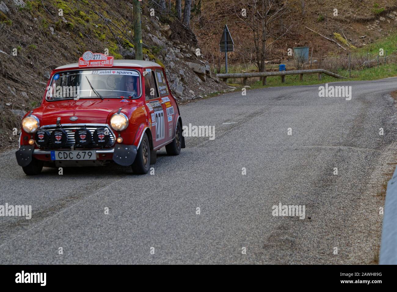 SAINT-BENOIT-EN-DIOIS, FRANCE, February 4, 2020 : Historic Monte-Carlo Rally runs on the roads of South of France. This 23rd edition hosts 310 teams Stock Photo