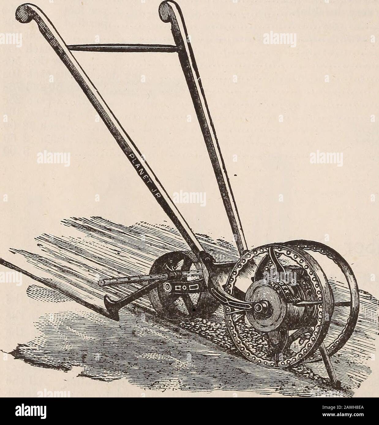 Catalogue of seeds, agricultural & horticultural supplies and guide for the garden, field & farm . Cultivator, rake and plow combined. Great strength,easy running, simple combinations and variety of attachments, are striking features of this implement. Thefull equipment is shown in the cut. All the blades are steel, hardened in oil, tempered and polished. Thewheel has an extra broad face, aud is readily raised and lowered, and can be attached at one side of theframe so that one can cultivate both sides of a row of small plants at one passage. As with the DoubleWheel Hoe the rakes level the gro Stock Photo