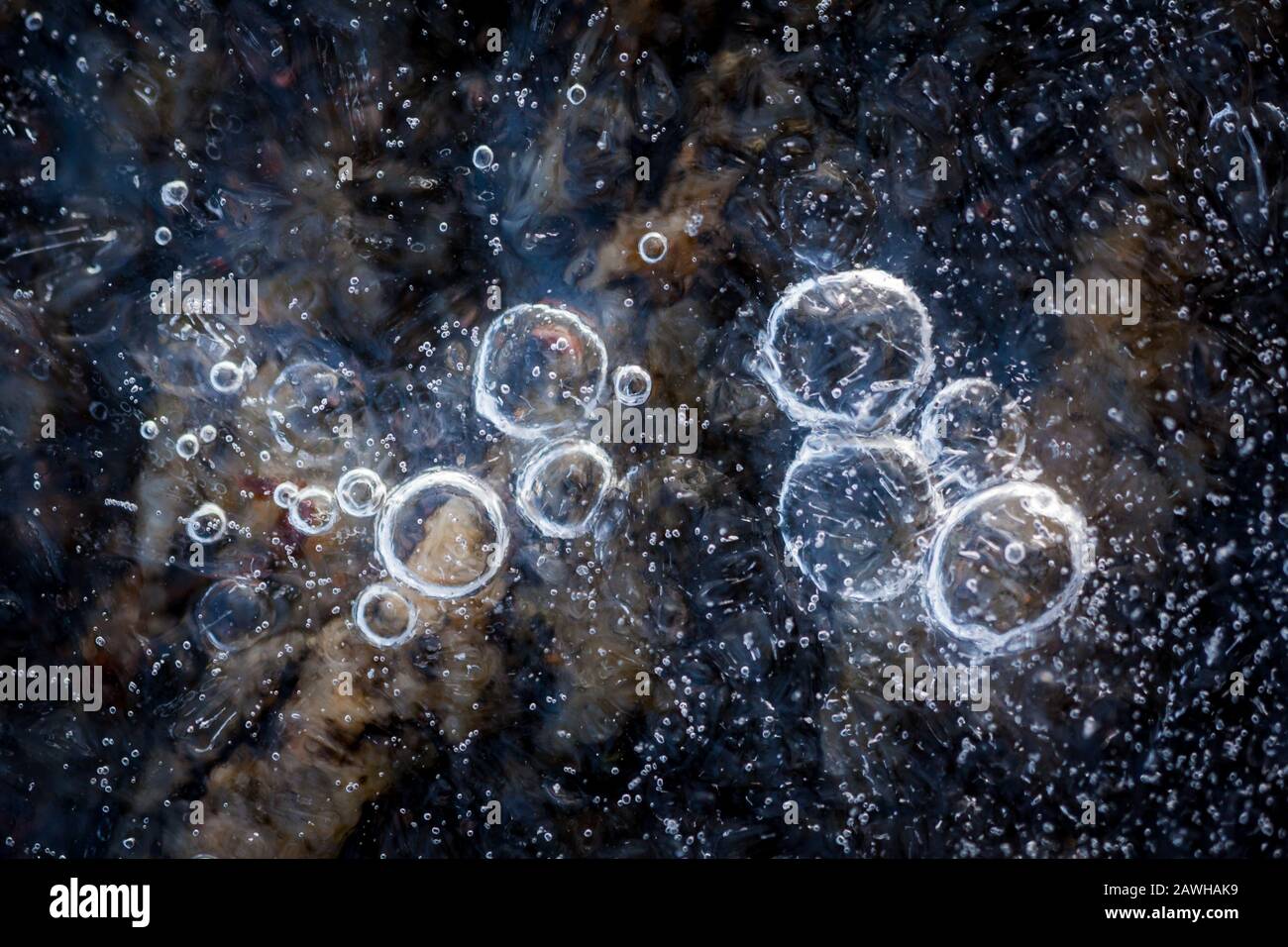 Air bubbles in ice at Oven, Råde kommune, Østfold, Norway. Stock Photo