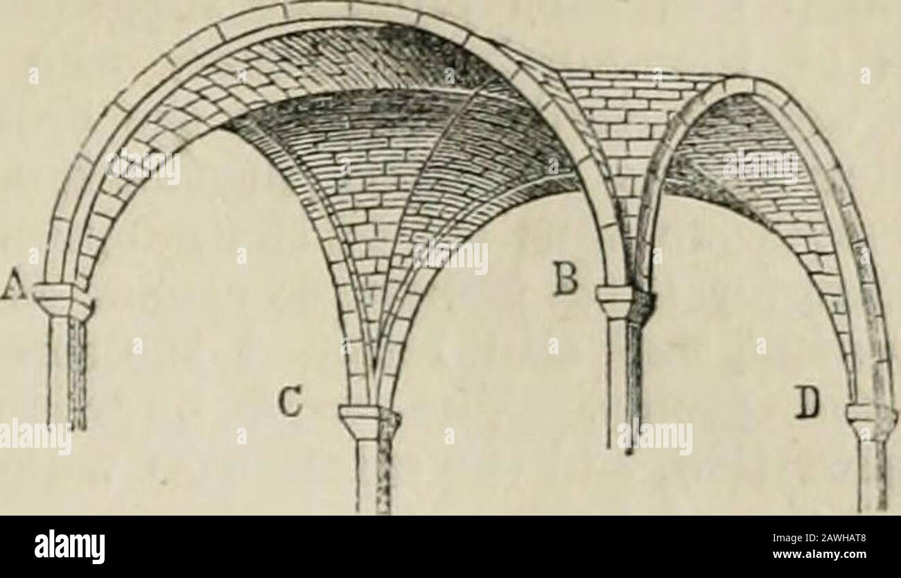 Chambers's encyclopædia; a dictionary of universal knowledge . Fig. 2. tunnel-vaulting were found very gloomy and ill-lighted, it was desirable that simdar intersectingvaults should be used to cover the main roof, inorder to admit windows raised to light the vault-ing. But how was this to be managed with thesmall materials at command? If the transverse arches AB, CD (fig. 3) are semicircular, and theside-arches AC, BD the same—the vault beingformed by two intersecting cyhnders—then the. Fig. 3. intersecting groins AD and CB must be elliptical.This was a difficult foi-m of constniction: themedi Stock Photo