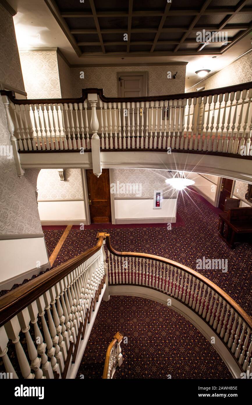 The interior of the Historic Stanley Hotel in Estes Park, Colorado. A haunted hotel that inspired Stephen King's 'The Shining.' Stock Photo