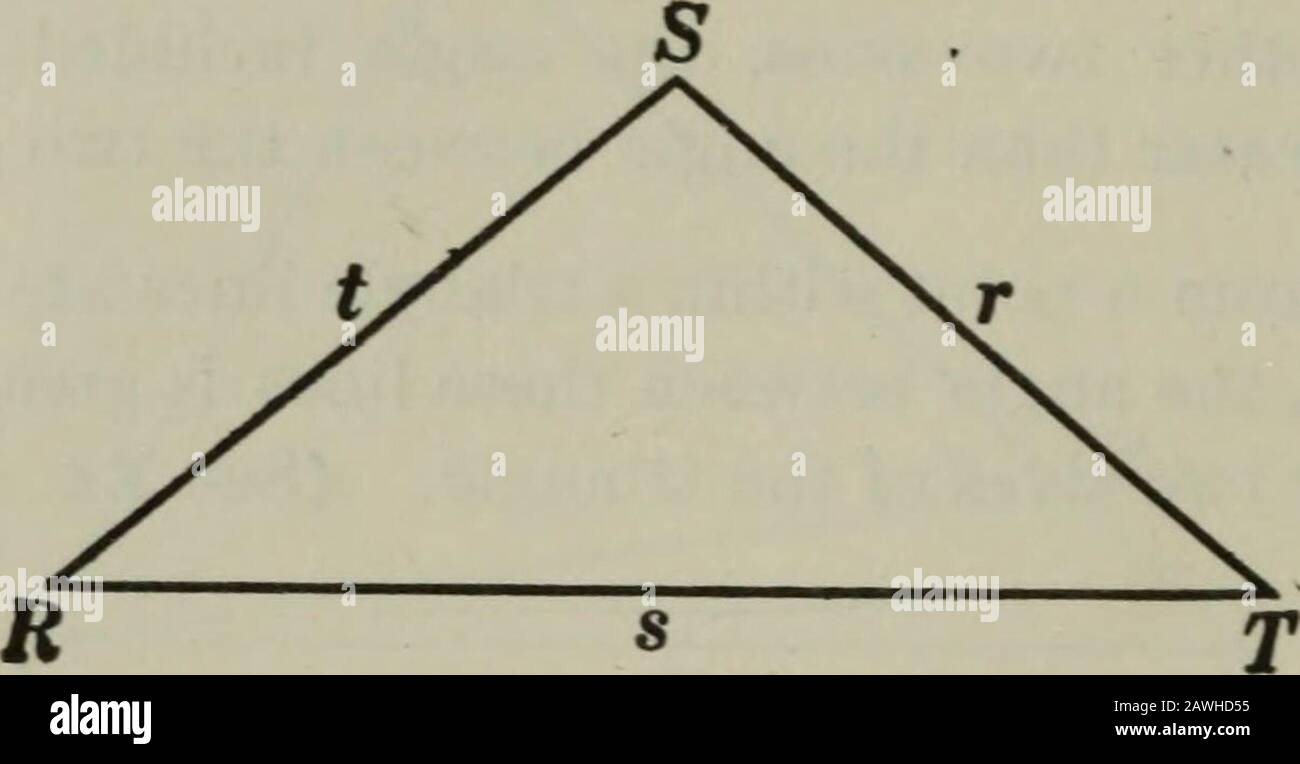 Plane and solid geometry . y toconsider the only three suppositions that are admissible in thiscase, viz.: (1) a&gt; B, (2) A&lt;B, (3) A = B, By proving (1) and (2) false, the truth of (3) is established,i.e. A = B. This method of reasoning is called reductio adahsurdum. It enables us to establish a conclusion by showingthat every contradiction of it leads to an absurdity. Props.XVI and XYII will be proved by the indirect method. 160. Question. Would it be possible to base a proof upon a contra-diction of the hypothesis ? 161. (a) In the use of the indirect method the student should give,as a Stock Photo