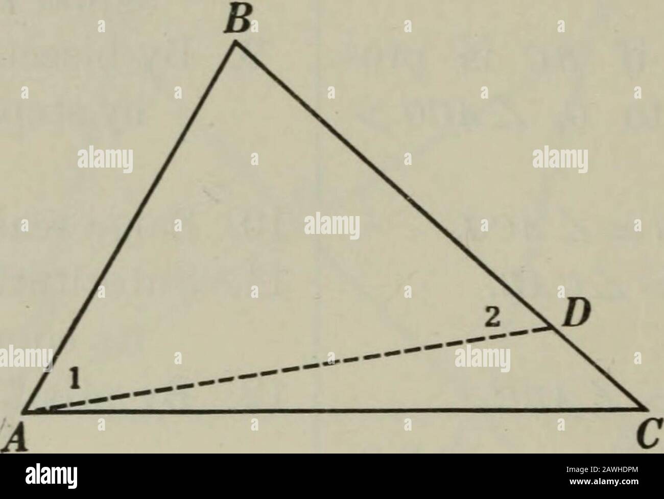 Plane and solid geometry . 54 PLANE GEOMETRY Proposition XV. Theorem 156. If two sides of a triangle are unequal, the angleopposite the greater side is greater than the angle oppositethe less side.. Given A ABC with BC &gt;To prove Z CAB &gt; Z (7. Argument 1. On BC lay off BD = AB, 2. Draw AD. 3. ThenZl = Z2. 4. NowZ2 &gt; Za BA, 5. .-. Zl &gt; Z C, 6. But Z CAB &gt; Zl, 7. .-. /.CAB &gt; Z a. Q.E.D. Reasons 1. Circle post. §§ 122, 157. 2. Str. line post. I. § 54, 15. 3. The base A of an isosceles A are equal. § 111. 4. If one side of a A is pro- longed, the ext. Z formed &gt; either of the r Stock Photo