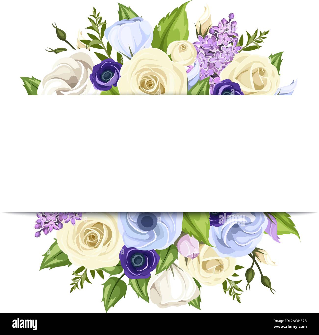 Vector banner with blue, purple and white roses, lisianthuses, anemones, lilac flowers and green leaves. Stock Vector