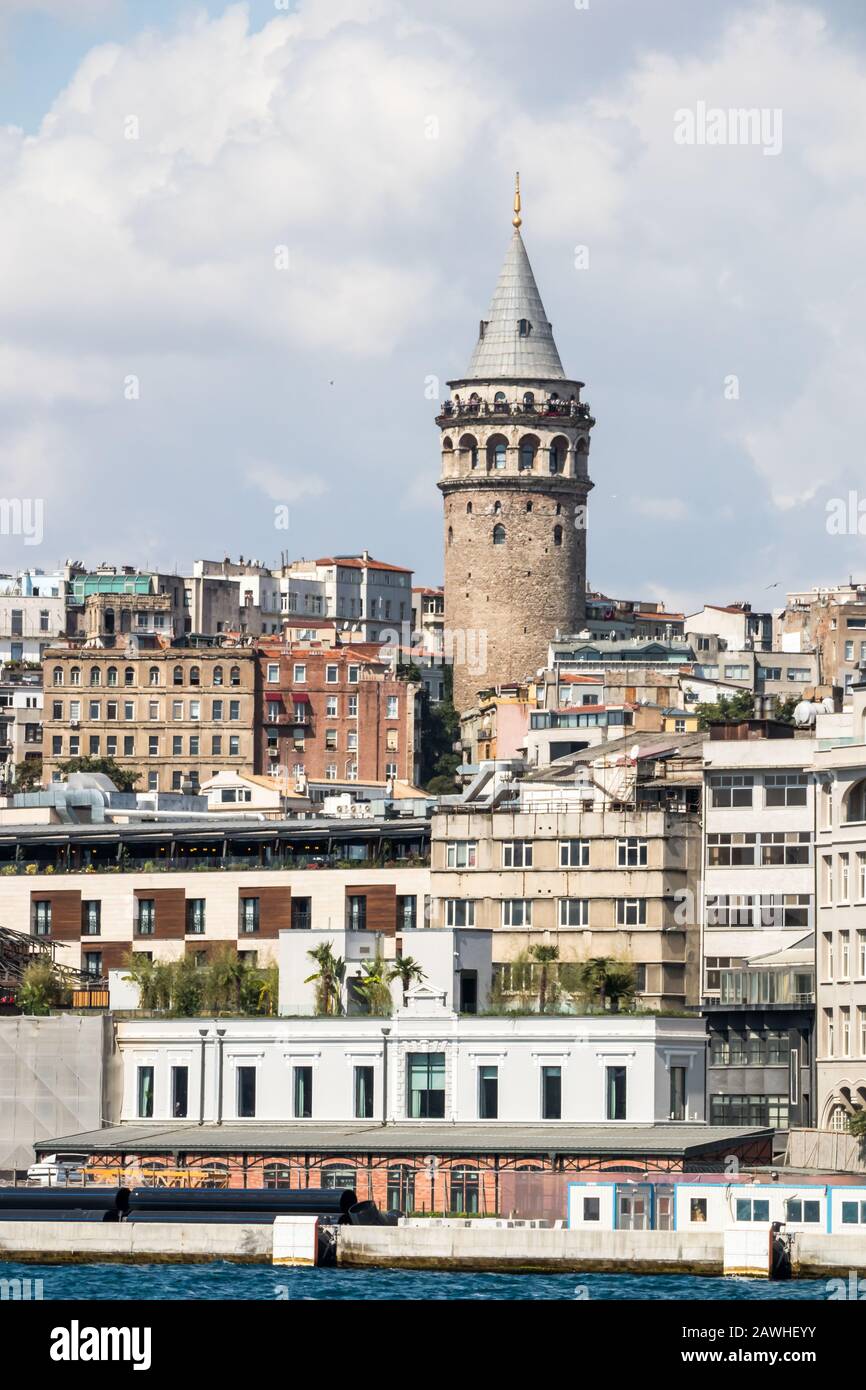 The Galata Tower from the Golden Horn, Istanbul, Turkey Stock Photo