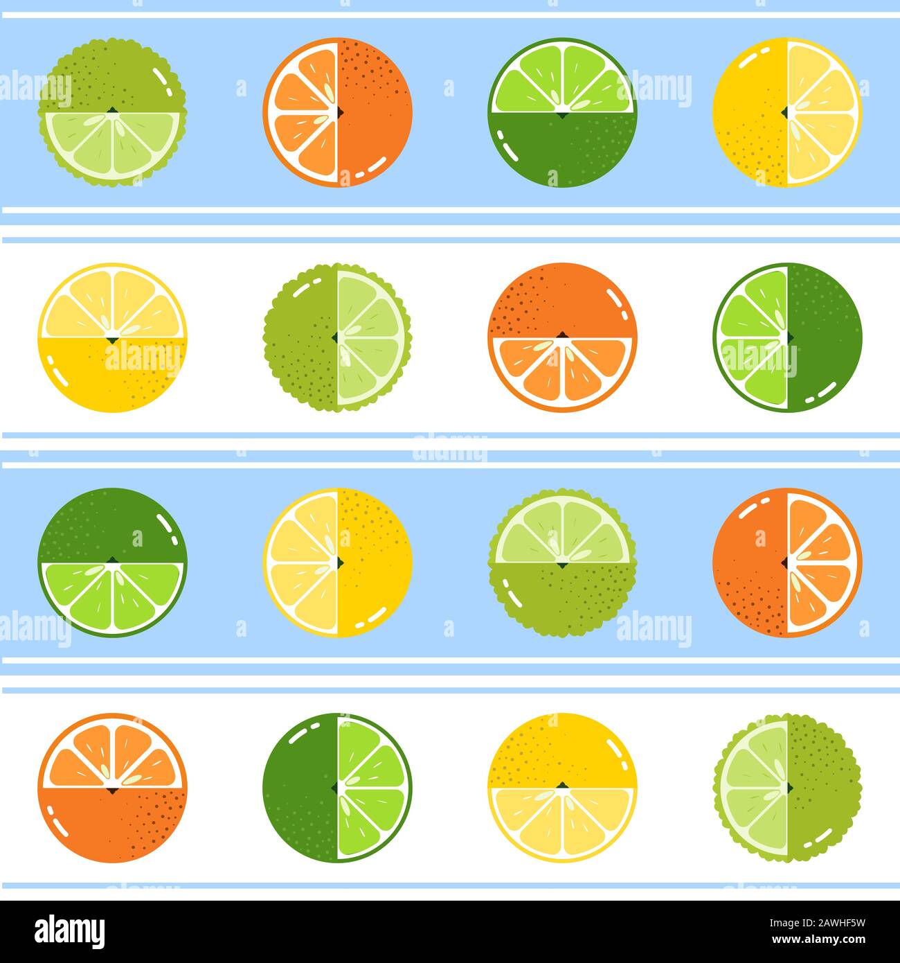 Fruits Citrus diversely oriented seamless vector pattern on blue and white horizontal stripes background Stock Vector