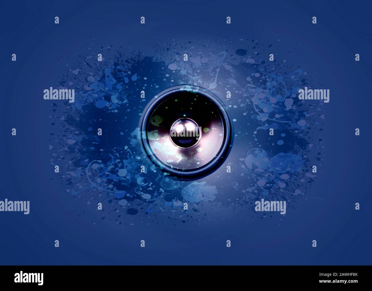 Spinning audio speaker on a dark blue background with paint splatters Stock Photo