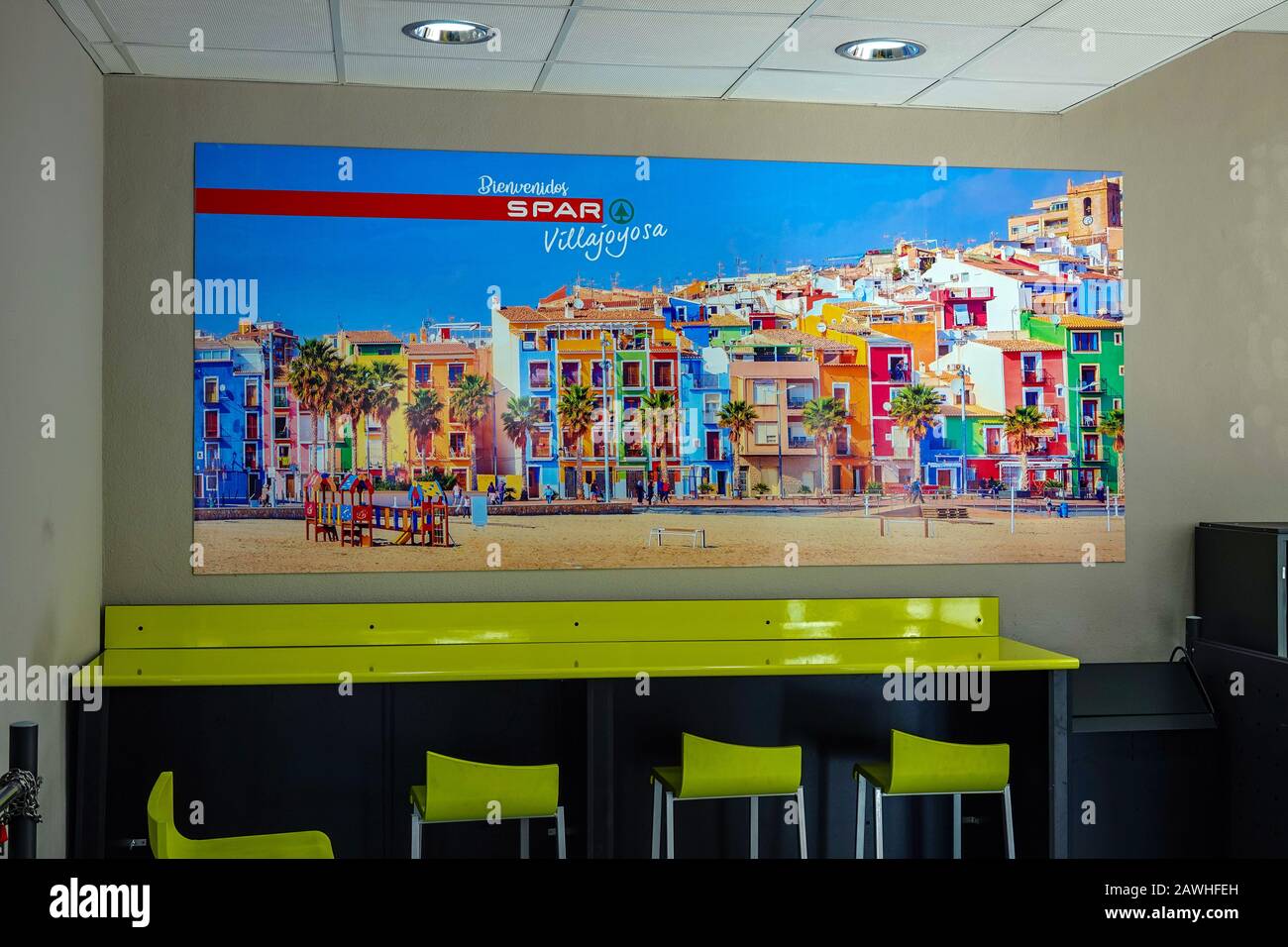 Picture on wall of Spar supermarket shop showing colourful houses, Vilajoyosa, Villajoyosa, Alicante, Costa Blanca, Spain Stock Photo