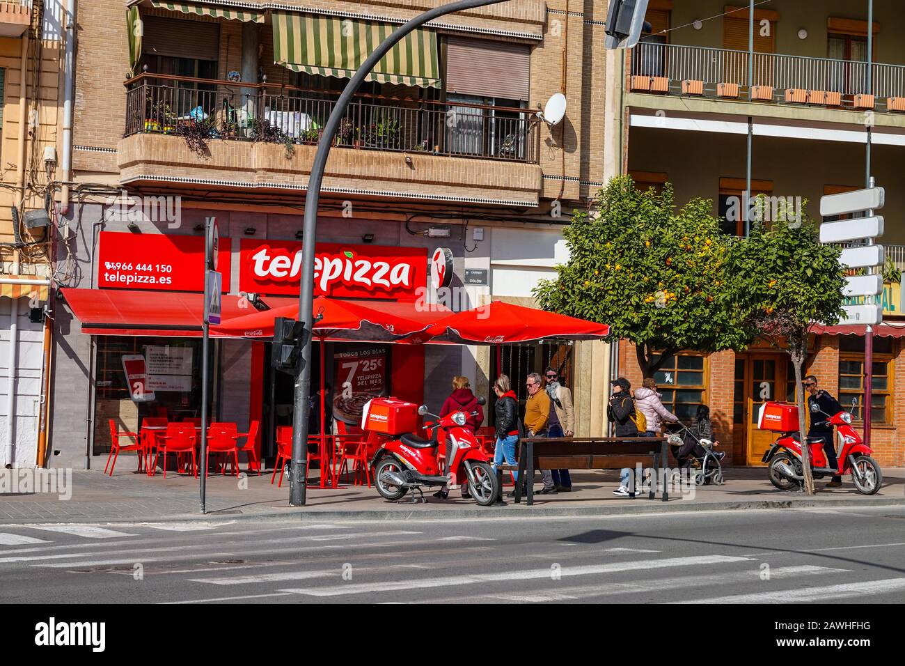 Telepizza, pizza delivery, red, scooter, Vilajoyosa, Villajoyosa, Alicante, Costa Blanca, Spain Stock Photo