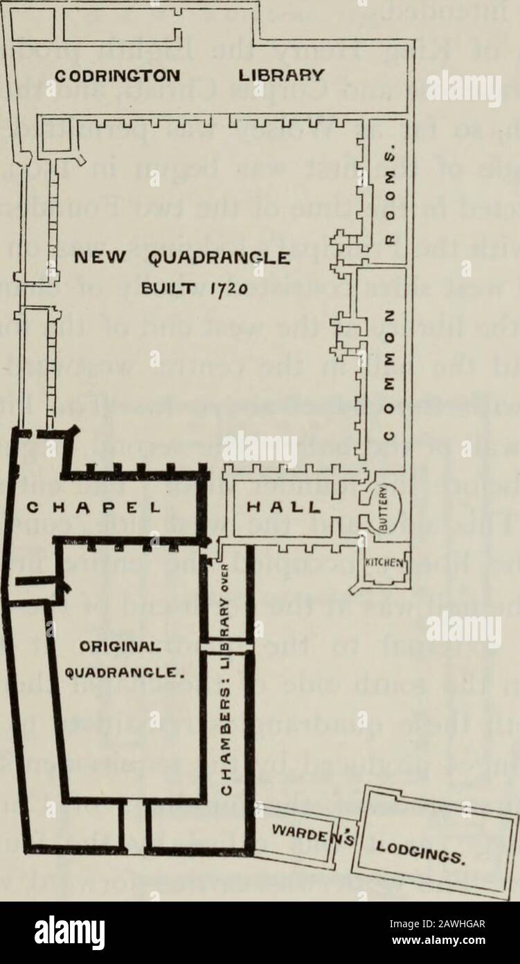 The architectural history of the University of Cambridge, and of the colleges of Cambridge and Eton . Fig. 5. Ground plan of Bernard College, afterwards S. Johns College, Oxford. alterations, remains to us as a monument of architecture. Thestreet front has suffered no material change except the additionof a roof-storey with gablets rising from the wall. The quadrangle of All Souls College was begun in 1437, andbuilt in the same style by the same founder in five years, withthe exception of a cloister on the north side of the chapel, whichwas finished in 1491. In this college (fig. 6) the entran Stock Photo