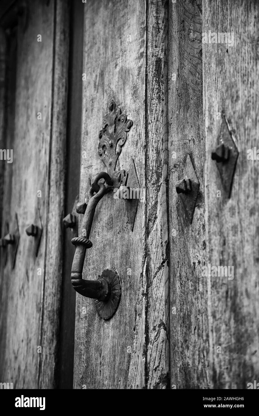 Medieval wooden door, decoration and protection detail, wood art Stock Photo