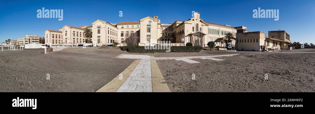 Ostia Lido Rome, Italy - December 28,2019:Panoramic view from free beach in front of Paolo Toscanelli street, with the typical architecture of the his Stock Photo